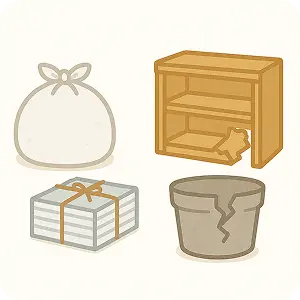 ゴミ袋や壊れた家財、植木鉢などの不燃ゴミ、雑誌などのゴミ